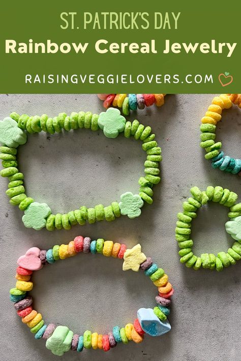 Lucky Charms Crafts For Kids, St Patricks Day Bracelets Diy, Lucky Charms Craft, Lucky Charm Craft, Lucky Charms Activities, Edible Jewelry, Marshmallow Activities, Rainbow Crafts Preschool, Nanny Activities