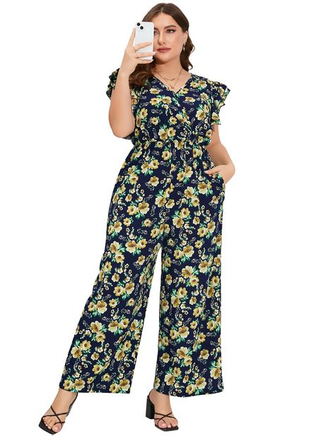 PRICES MAY VARY. Design: This women's summer romper jumpsuit showcases a wrap-style V neckline, functional back button for easy wear, charming double-layer ruffle short sleeves, and a figure-accentuating high waist. The wide legs and ankle-length, available in both classic black and floral print, combine to create a stylish and elegant long pants look. Material: Made from a soft, and breathable fabric, this plus size wid leg jumpsuits is perfect for all-day wear in any season. Occasion: This sho Wide Leg Romper, Plus Size Romper, Short Sleeve Jumpsuits, Romper Jumpsuit, Plus Size Jumpsuit, Ruffle Shorts, Women Plus Size, Neck Ruffle, Wide Legs