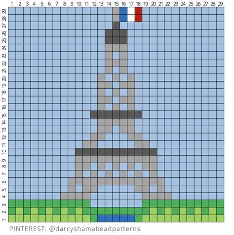 Eiffel Tower Pattern #eiffeltower #paris #france #french #culture #hamabeads #hamabeadpattern #pattern #perler #perlerbeads #pixel #pixelart #pyssla #fusebeads Eiffel Tower Pixel Art, French Cross Stitch, Crochet C2c Pattern, Flower Tower, Easy Pixel Art, Tiny Cross Stitch, Pix Art, Diy Perler Bead Crafts, Perler Bead Templates