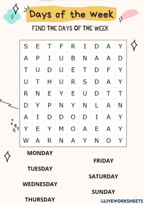 Days Of The Week Worksheets For Kids, Days Of The Week Word Search, Days Of The Week Worksheet For Grade 2, Days Of The Week Activities Worksheets, English Excercise, Days Of The Week Worksheet, Teaching Calendar, Teach English To Kids, Reading Comprehension Kindergarten