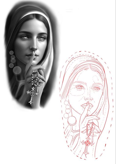 Virgin Mary Drawing Tattoo, Virgin Mary Tattoo Design Drawing, Holy Mary Tattoo, Portrait Tattoo Stencil, Virgin Mary Tattoo Stencil, Realism Tattoo Stencil, Virgin Mary Tattoo Design, Madonna Tattoo, Tattoos Stencils