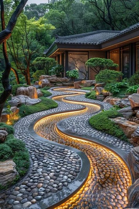 Beautiful Garden Path Decor. #OutdoorLivingIdeas #InteriorDesign #LivingRoomColors #HomeDecor #HomeDecorIdeas #SummerHomeDecorIdeas Garden Paving Design, Landscaped Garden, Walkway Design, Zen Garden Design, Garden Walkway, Japanese Garden Design, Garden Pathway, Garden Path, Design Exterior