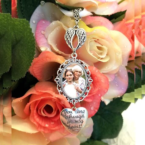 Cherish Special Memories of your Loved Ones with this Vintage Style Photo Memory Keepsake charm. Adorned with an Angel Wings Heart + Always in My Heart charm + a pretty silver bail on top! Custom made with 1, 2 or 3 of your Special Photos of Loved Ones or a Beloved Pet(s) to display on your Bridal Bouquet as they walk with You down the aisle on your Special Day! This lovely pendant becomes a keepsake you will Treasure for many years to come! Simply send me your photo to create this one of a kind Memorial Wedding Bouquet, Bouquet Photo Charm, Wedding Bouquet Photo Charm, Wedding Bouquet Charms, Bouquet Jewelry, Wedding Memory, Bouquet Photo, Memorial Pendant, Bouquet Charms