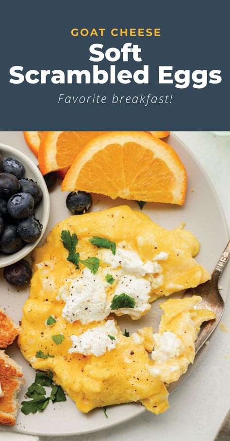 Breakfast Recipes With Goat Cheese, Scrambled Eggs With Goat Cheese, Goat Cheese And Egg Breakfast, Eggs Goat Cheese Breakfast, Breakfast With Goat Cheese, Goat Cheese Scrambled Eggs, Eggs And Goat Cheese, Eggs And Goat Cheese Recipes, Egg Goat Cheese Breakfast