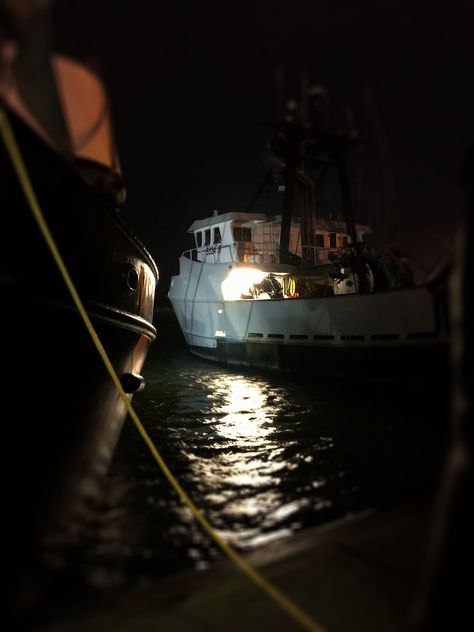 Night time at Yaquina Bay, Newport Oregon. iPhone image by Sabrina Eickhoff. Fishing Boats, harbor, seafood, ocean Dark Boat Aesthetic, Night Fishing Pictures, Fishing Boat Aesthetic, Maritime Aesthetic, Last Night On Earth, Iphone Image, Tanker Ship, Under Bridge, Newport Oregon