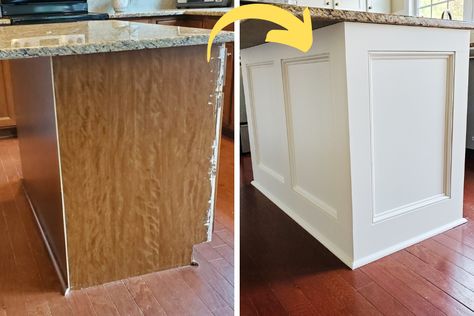 How I easily upgraded my builder-grade kitchen island to look high-end and custom. Here are the simple steps to DIY update your kitchen island. How To Redo Kitchen Island, Kitchen Island Upgrade Ideas Diy, Board And Batten Cabinets, Back Side Of Island Ideas, Diy Home Renovations Kitchen, End Of Cabinet Trim, Painted Builder Grade Cabinets, Kitchen Island Repair, Diy Upgrade Kitchen Island