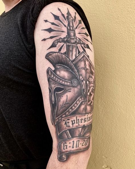 Armor of god Helmet tattoo God's Armor Tattoo, The Armor Of God Tattoo, Shield Of Faith Tattoo, Armor Of God Tattoos For Guys, Full Armor Of God Tattoo, Armor Of God Tattoo For Women, Armor Of God Helmet, Armor Of God Tattoo, Tattoo Strength