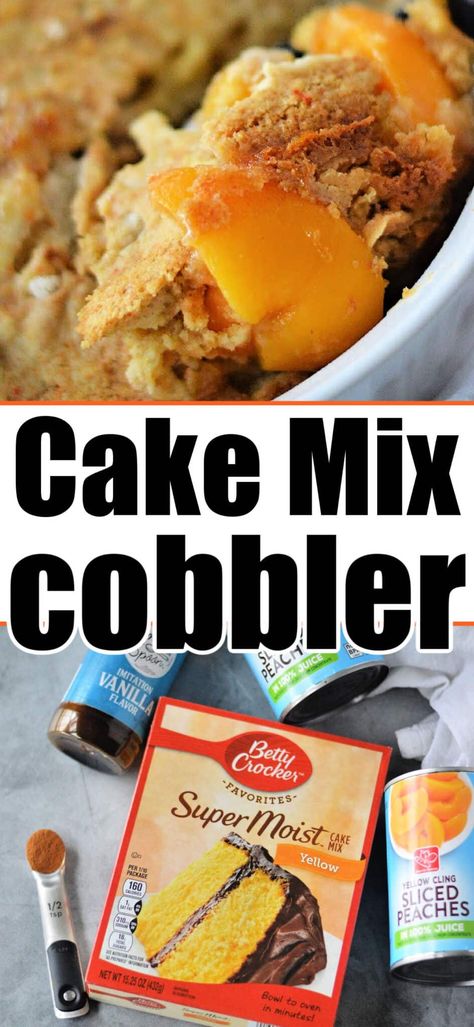 Easy peach cobbler with cake mix recipe is a great dump cake with boxed yellow cake mix and canned peaches or favorite fruit. Recipes With Canned Fruit, Yellow Cake Mix Desserts, Peach Cobbler Recipe With Cake Mix, Cobbler With Canned Peaches, Peach Cobbler With Canned Peaches, Can Peaches Recipes, Cake Mix Peach Cobbler, Canned Peach Cobbler Recipe, Peach Cobbler Cupcakes