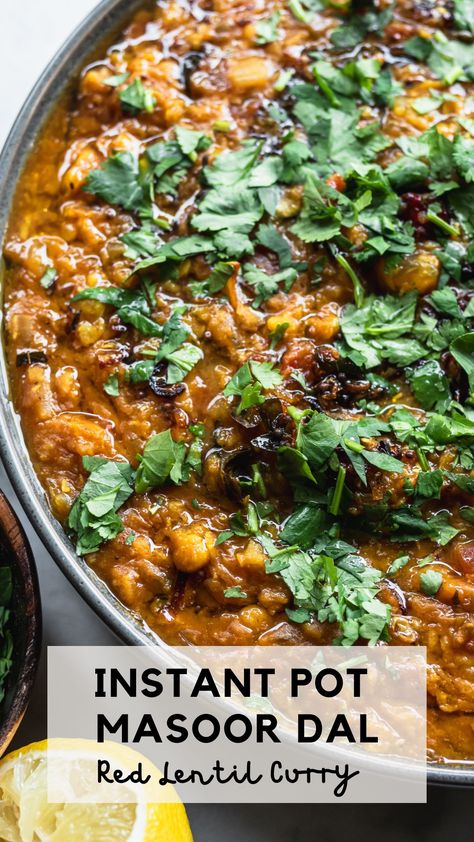 An easy and delicious dish that's also budget-friendly: Instant Pot Masoor Dal. Also known as Red Lentil Curry -- it's so fast to make in the Instant Pot! Instead of 30 minutes of cooking on the stovetop, the Instant Pot only takes 8 minutes! Add a Tadka or Tempered Oil to flavor the cooked red lentils. Enjoy with basmati rice or naan for the ultimate bowl of comfort! Instant Pot Red Lentils, Instant Pot Daal, Instant Pot Lentils, Lentil Dal Recipe, Instant Pot Dal, Lentils Instant Pot, Red Lentil Curry, Indian Lentils, Lentils And Quinoa