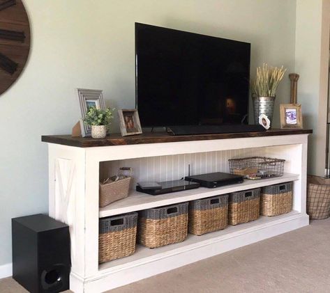 Build A Tv Stand, Farmhouse Tv Console, Build A Farmhouse, Farmhouse Tv, Farmhouse Console Table, Tv Stand Decor, Farmhouse Tv Stand, Diy Tv Stand, Living Room Tv Stand