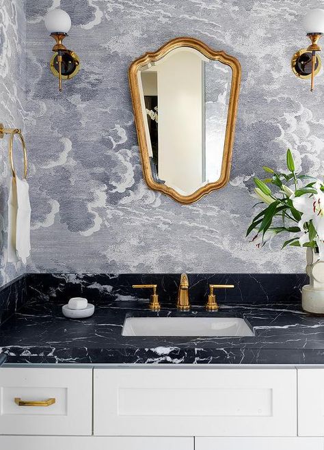 Honed black marble countertop Black Marble Vanity, Wallpapers Interior Design, Bathroom Arrangement, Marble Interior Design, Marble Countertops Bathroom, Bar Remodel, Marble Bathroom Decor, Elegant Bathrooms, Black Marble Bathroom