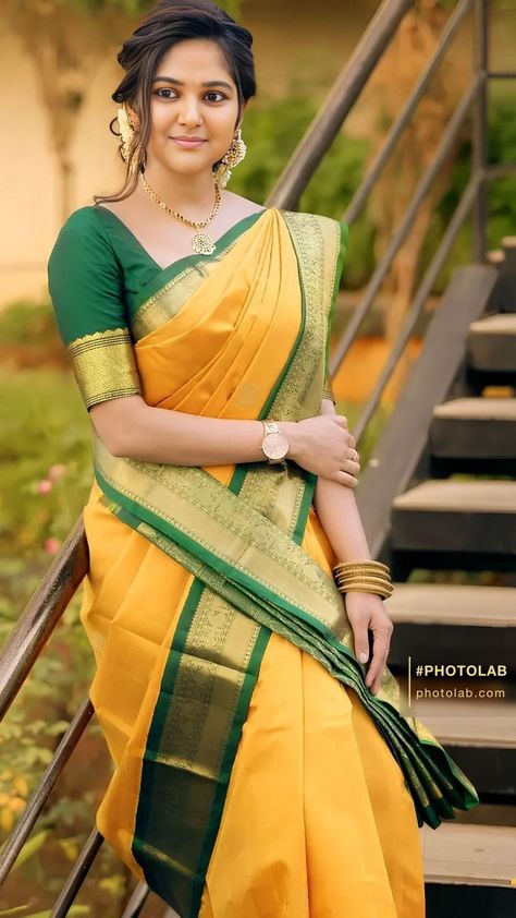 Yellow Silk Saree, Athulya Ravi, Ceremony Outfit, Haldi Ceremony Outfit, Bridal Lehenga Designs, Latest Model Blouse Designs, Green Border, Saree Designs Party Wear, Yellow Saree