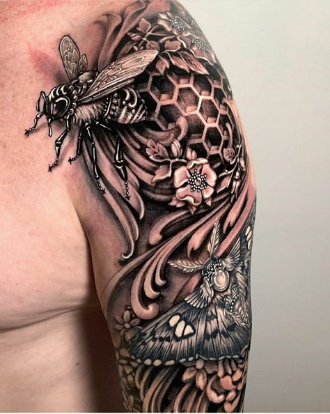 Bee Sleeve Tattoo, Bee Hive Tattoo, Honeycomb Tattoo Sleeve, Ryan Ashley Tattoo, Hive Tattoo, Honeybee Tattoo, Ryan Ashley Malarkey, Honey Bee Tattoo, Honeycomb Tattoo