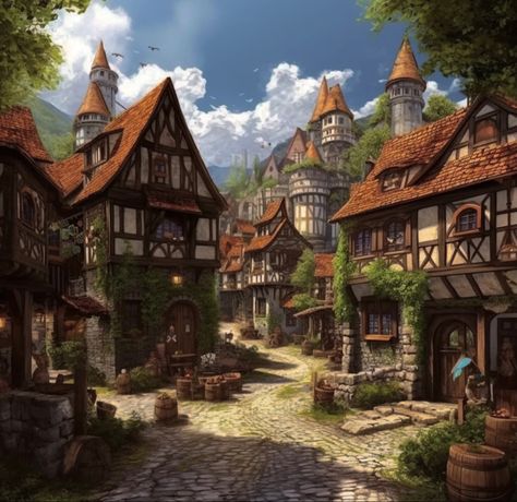 Fantasy Medival Village, Farming Village Concept Art, Medieval Fantasy Village Concept Art, Midevil Village Aesthetic, Medieval Forest Village, Medieval Fantasy Building Concept Art, Fantasy Village Art Medieval Town, Medieval Town Concept Art, Medieval Village Concept Art