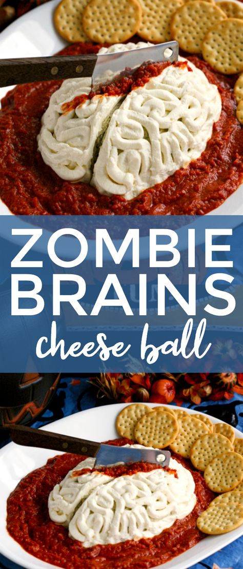 Brains Halloween Food, Halloween Appetizers Cheese Ball, Creepy Halloween Dishes, Brain Appetizer Halloween, Spooky Season Appetizers, Brain Mold Cheese Ball, Zombie Appetizers, Gross Halloween Party Food, Severed Hand Cheese Ball