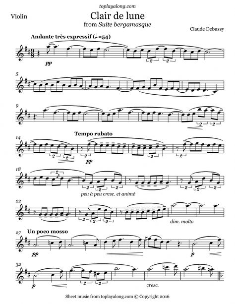 Clair de lune from Suite bergamasque by Debussy. Free sheet music for violin. Visit toplayalong.com and get access to hundreds of scores for violin with backing tracks to playalong. #learnviolin Free Flute Sheet Music, Free Violin Sheet Music, Piano Songs Sheet Music, Cello Sheet Music, Trumpet Sheet Music, Clarinet Music, Clarinet Sheet Music, Saxophone Sheet Music, Flute Sheet Music