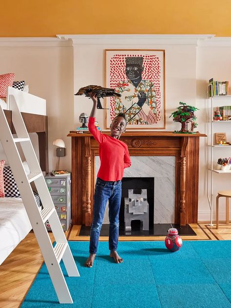 Bunk beds and blue tile carpet bring the fun in this kid's bedroom. Tour the colorful, eclectic family home ahead. Bug Interior, Sibling Bedroom, Eclectic Kids Room, Tile Carpet, Bedroom Tour, Colorful Eclectic, Cement Tile Shop, Brooklyn Brownstone, Window Molding