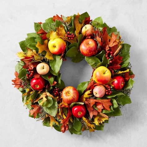 Apple Harvest Live Wreath, 22" | Williams Sonoma Live Wreath, Fall Decoration Ideas, Apple Wreath, Apple Festival, Living Wreath, Apple Orchards, Window Wreath, Autumn Wreaths For Front Door, Apple Decorations