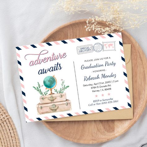 Travel Graduation Party Ideas, Travel Retirement Party Ideas, Bon Voyage Party, Map Invitation, Vintage Travel Themes, Vintage Graduation, Cool Stationery, Navy And Blush, Pink Invitation