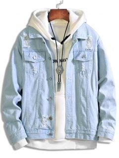 Solid Color Ripped Decorated Denim Jacket - Light Blue L Denim Jacket Diy, Male Cowboy, Cowboy Coat, Light Blue Jean Jacket, Vintage Man, Jackets Men Fashion, Jeans Jacket, Vintage Denim Jacket, Jacket Fashion