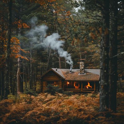 Cozy cabin in the fall forest with smoke coming out of the chimney, surrounded by colorful trees and fallen leaves Witchy Cabin In The Woods, Rustic Cabin Aesthetic, Cabincore Wallpaper, Forest Cabin Aesthetic, House In The Woods Aesthetic, Cabin Aesthetic Interiors, Home In Mountains, Cottage In Forest, Cabin In The Woods Aesthetic