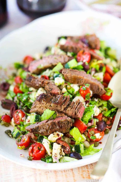 Mediterranean Steak Salad, Steak Salad Marinade, Steak And Salad Dinner, Mediterranean Steak Bowl, Steak For Salad, November Dinners, Greek Steak, Salad With Steak, Gf Ideas