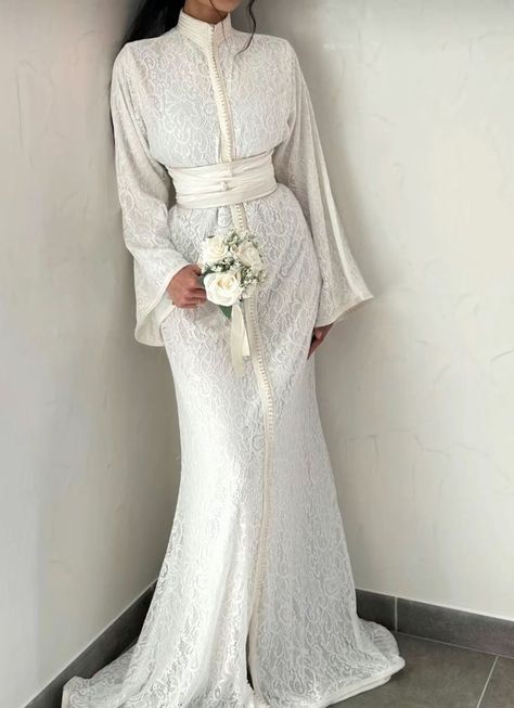 Engagement Dress Hijab Simple, Hijabi Bride White, Engagement Dress Hijab, Dress Hijab Simple, My Melodi, Moroccan Wedding Dress, Kaftan Wedding Dress, Scrapbook Recipe, Morrocan Fashion