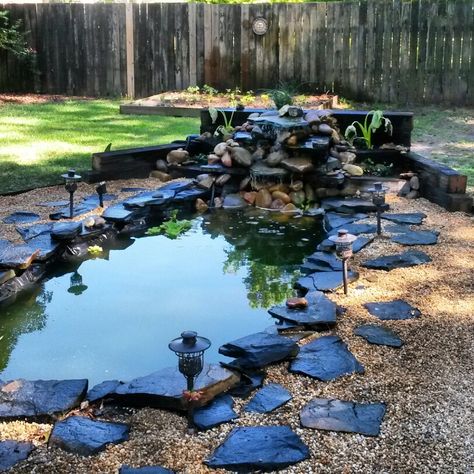 DIY Koi pond and waterfall Flooring Ideas Inexpensive, Kolam Air, Air Mancur, Garden Pond Design, Fountains Backyard, Ikan Koi, Pond Waterfall, Pond Landscaping, Natural Pond