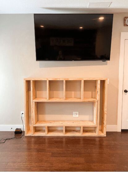 Diy Mantle Tv Stand, Entertainment Center With Mantle, Diy Cord Hiding Ideas, How To Build Frame For Electric Fireplace, Simple Fireplace Wall Ideas, Electric Fireplace Diy Ideas, Diy Fireplace Half Wall, Diy Fireplace Media Console, Electric Wall Mount Fireplace Ideas