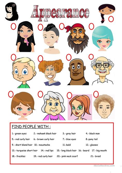 APPEARANCES AND DESCRIBING - English ESL Worksheets for distance learning and physical classrooms Describing Physical Appearance, Appearance Worksheet, Describing People, Brown Curly Hair, Red Curly Hair, Physical Appearance, English Grammar Worksheets, Four People, Vocabulary Worksheets