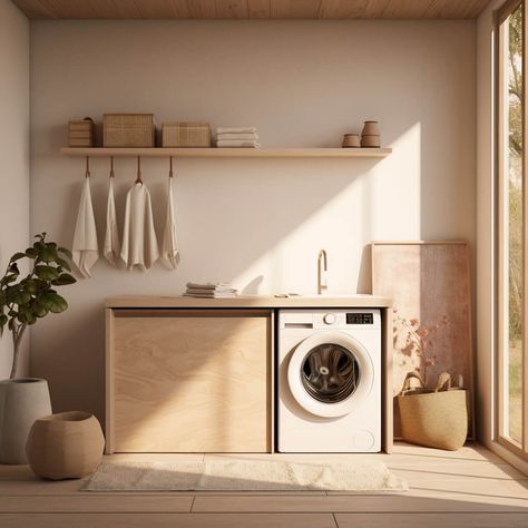 11 Examples of How to Create a Japandi Laundry Room Japandi Laundry Room, Japanese Laundry Room, Japandi Laundry, White Laundry Room, Japandi Bathroom, Laundry Room Designs, Laundry Cabinet, Green Village, White Laundry Rooms