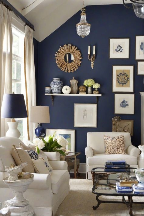 In The Navy, Wall Paint, Living Room, Westpear Interiors Living Room With Navy Accent Wall, Navy Blue Living Room Walls, Navy Blue And Cream Living Room, Dark Blue Accent Wall Living Room, Navy Wall Paint, Navy Accent Wall Living Room, Wall Paint Living Room, Dark Blue Living Room Decor, Blue Feature Wall Living Room