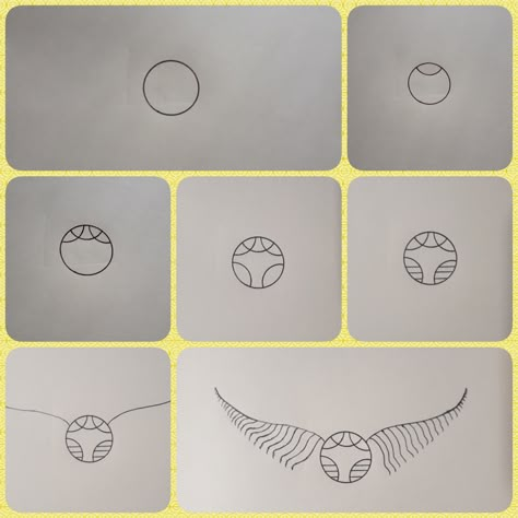 Harry Potter Golden Snitch Drawing, How To Draw Hedwig, Harry Potter How To Draw, How To Draw Harry Potter Stuff, Harry Potter Drawing Ideas Sketches Easy, Snitch Harry Potter Drawing, Hp Drawings Easy, Cute Harry Potter Doodles, How To Draw Hogwarts