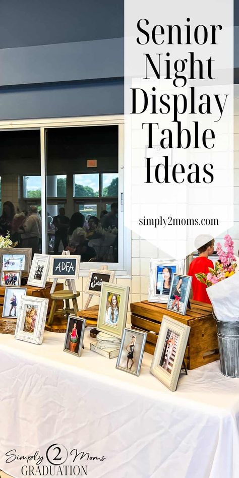 Senior Night Table Display Cross Country, Displaying Graduation Pictures, Senior Night Tables Ideas, Senior Tables Ideas, Senior Night Photo Backdrop, Senior Night Ideas For Cheerleaders, Graduation Senior Table Ideas, Sports Senior Night Table Ideas, Baccalaureate Table Ideas