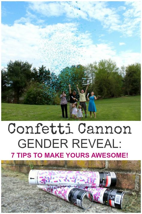 Confetti canon gender reveal party: 7 tips to make yours awesome! Plus the link to the confetti poppers we used, and why we chose them. #genderreveal #genderrevealideas Confetti Cannon Gender Reveal, Cannon Gender Reveal, Gender Reveal Poppers, Confetti Cannon, Gender Reveal Photos, Confetti Gender Reveal, Confetti Poppers, Baby Play Activities, Organized Mom