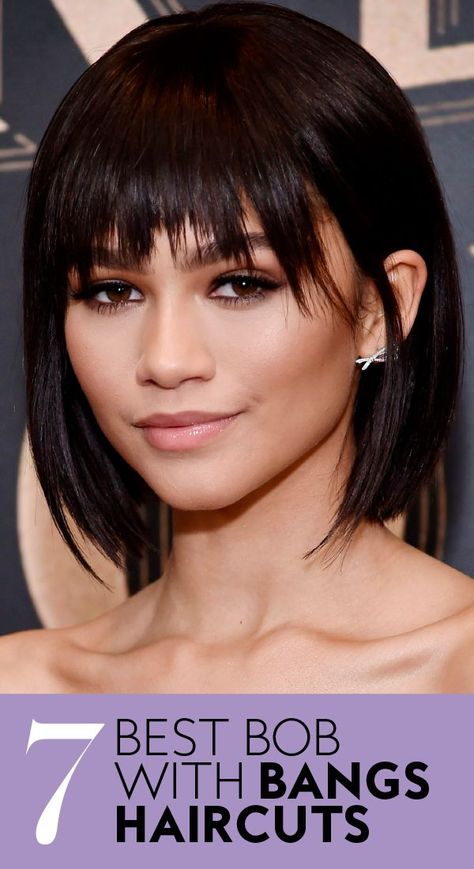 If you've saved a screenshot of Zendaya's bob with blunt bangs or Kate Hudson's pixie cut with angled, side-swept bangs—but don't know if either look will work for you—read on for the seven best celebrity versions for every face shape.#naturalhair #naturalhairtips #hairtips #instyle #hairstyling Chin Length Bob With Bangs Over 50, Bob W Bangs Hairstyles, Bob Hair With Bangs Round Face, 2023 Bobs With Bangs, Sharp Bob With Bangs, Womens Bob With Bangs, Short Angled Bob Haircut With Bangs, Angle Bob With Bangs, Styling A Bob With Bangs