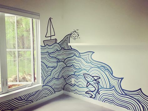 Beach Mural Painted, Shark Mural, Waves Nursery, Boys Room Mural, Sea Murals, Kids Church Rooms, Surf Nursery, Aqua Wall, Ocean Mural