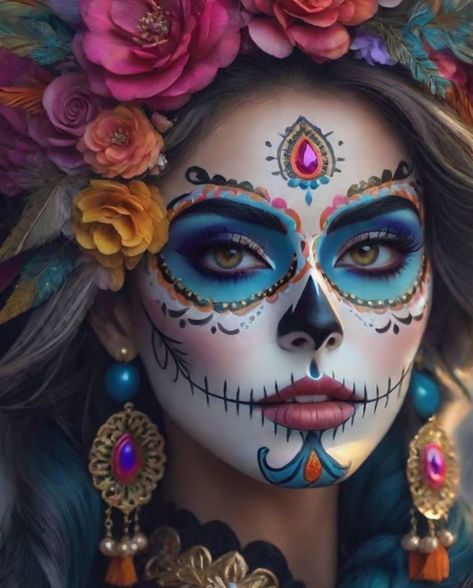 Sugar Skull Make Up Tutorial, Sugarskulls Makeup Halloween, Dia De Los Muertos Headpiece Ideas Diy, Catrina Face Makeup, Day Of The Dead Face Makeup, Diy Catrina Costume, Mexican Halloween Makeup, Catrina Headpiece Diy, Diy Sugar Skull Costume