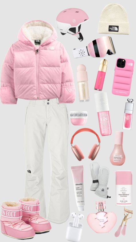 #winter #pink #preppy Pink Ski Jacket Outfit, Skiing Outfit Pink, Girly Snowboard Outfit, Pink Snowboarding Outfit, Shuffle Outfit Winter, Preppy Skiing Outfit, Pink Skiing Outfit, Skiing Outfit Aesthetic, Preppy Winter Outfits Cold Weather