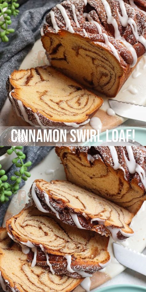 A homemade cinnamon swirl loaf with soft homemade dough, a cinnamon sugar filling, and swirled together to create a stunning bake! Jane Patisserie, Cinnamon Swirl Loaf, Cooking Apples, Homemade Bread Dough, Showstopper Dessert, Janes Patisserie, Cinnamon Roll Recipe Homemade, Winter Baking, Cinnamon Swirl Bread