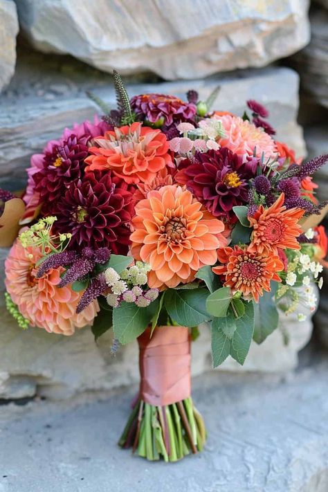 Fall Blue Bouquet, Dalia Bouquet Wedding Fall, Flowers In November, Whimsical Garden Wedding Bouquet, Wedding Fall Bouquets, Colorful Fall Flowers, Colourful Fall Wedding, Orange And Purple Wedding Flowers, Wedding Bouquets Bride Fall