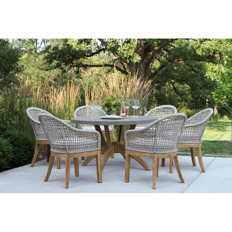 Caelan 7 Piece Teak Dining Set with Cushions | Birch Lane Round Patio Table, Round Dining Set, 7 Piece Dining Set, Patio Dining Chairs, Outdoor Dining Furniture, Patio Dining Set, Beachcrest Home, Dining Arm Chair, Outdoor Dining Set