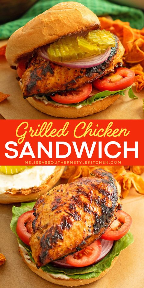 A flavorful grilled chicken sandwich recipe that will go perfectly with your Father's Day main dish! You'll love this sweet grilled chicken marinade! Don't miss this summer grilling recipe and save it now! Grilled Chicken Thigh Sandwich, Baked Chicken Sandwich Recipes, Sweet Grilled Chicken, Sandwich Fixings, Flavorful Grilled Chicken, Grilled Chicken Sandwich Recipes, Grilled Chicken Burgers, Italian Sausage Sandwich, Chicken Breast Sandwich