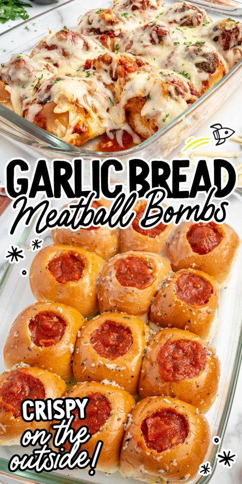 Garlic Bread Meatball Bombs Superbowl Meatball Recipes, Meatballs On Garlic Bread, Meatballs And Potato Slices, Quick Meatball Subs, Meatball Garlic Bread Sliders, Meatball Rolls Sliders, Meatballs In Crescent Rolls, Open Face Meatball Subs, Meatball Bread Bowl