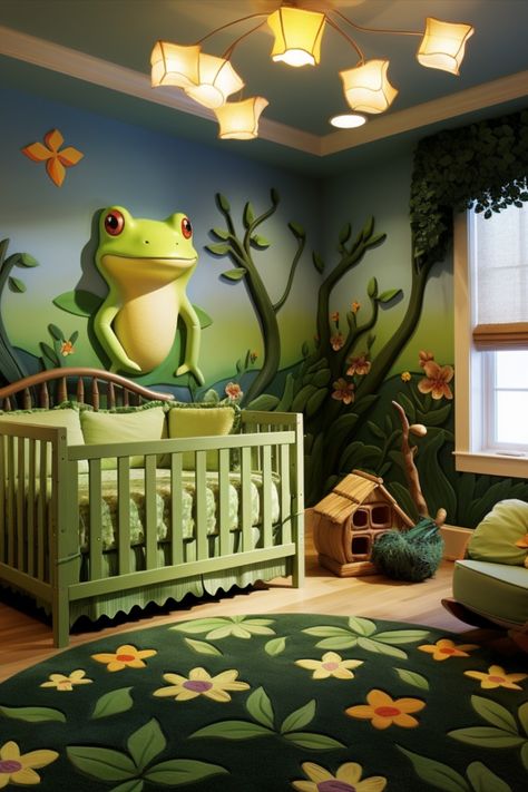 Get your imagination going with these 16 frog inspired baby nursery ideas #frog #frogroom #frognursery Frog Themed Nursery, Frog Nursery Theme, Pond Nursery, Rainforest Nursery, Frog Nursery, Swamp Theme, Baby Nursery Ideas, Themed Bedrooms, Rainforest Theme