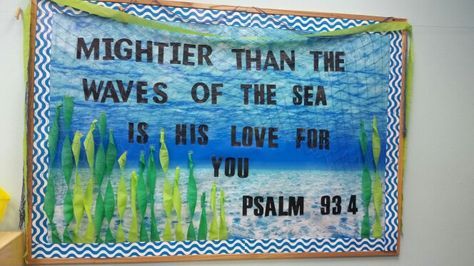 Ocean bulletin board … Under The Sea Christian Bulletin Board, School Beach Theme Bulletin Boards, Ocean Themed Bulletin Boards Preschool, Vbs Bulletin Board Ideas, Summer Christian Bulletin Boards, Bible Verse Bulletin Boards, Summer Church Bulletin Boards, Ocean Themed Bulletin Boards, Beach Bulletin Board Ideas