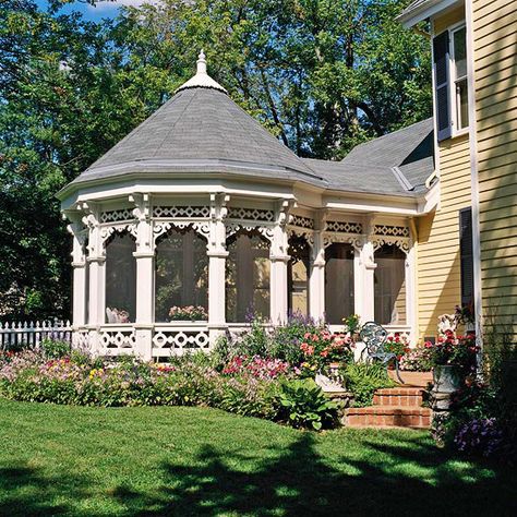 Attached Gazebo with Porch Extension    Because of their odd shape, gazebos attached directly to homes often require a transition to make the connection work. In this case, a small porch extension does the trick. The scrollwork trim echoes just a few elements on the house instead of being an exact style match. Shed With Screened In Porch, Gazebo Front Porch, Cottage Verandah, Attached Gazebo, Rock Exterior, Florida Rooms, Gazebo Design Ideas, Open Gazebo, Enclosed Gazebo