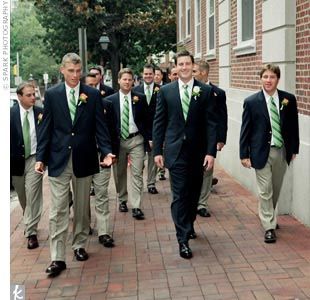 The groomsmen wore their own navy blue blazers with white forward-point dress shirts. They sported matching dress trousers and green-and-white striped ties from Brooks Brothers, which were a gift from Kevin. Fall Groom, Lime Wedding, Blue Blazers, Navy Blazers, Long Island Wedding, Wedding Palette, Navy Suit, Wedding Pins, Navy Wedding