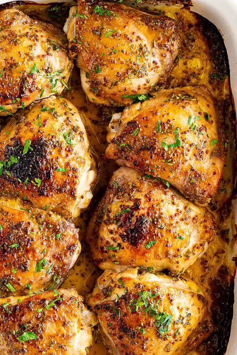 Paleo Chicken Thigh Recipes Boneless, Skin On Bone In Chicken Thigh Recipes Healthy, Chicken Thigh Honey Mustard, Chicken Thigh Recipes Honey Mustard, Best Baked Chicken Thigh Recipe, Skin Chicken Thigh Recipes, Bone In Skin On Chicken Thighs, Chicken Thighs Bone In Skin On, Oven Baked Chicken Thighs Bone In