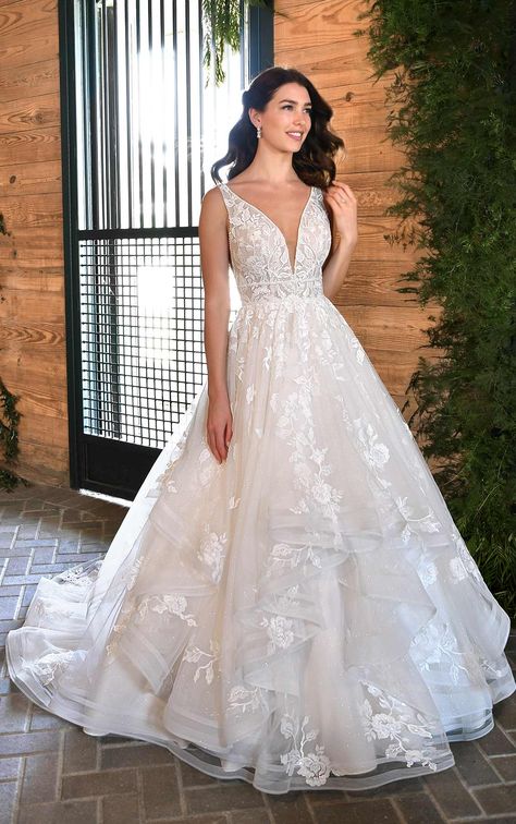 Floral Embossed Wedding Dress, Wedding Dress Plunge Neckline, A Line Ballgown Wedding Dress, Flattering Wedding Dress Body Types, V Neck Ball Gown Wedding Dress, Wedding Dress With Back Detail, Lace Floral Wedding Dress, Layered Wedding Dresses, Wedding Dresses Princess